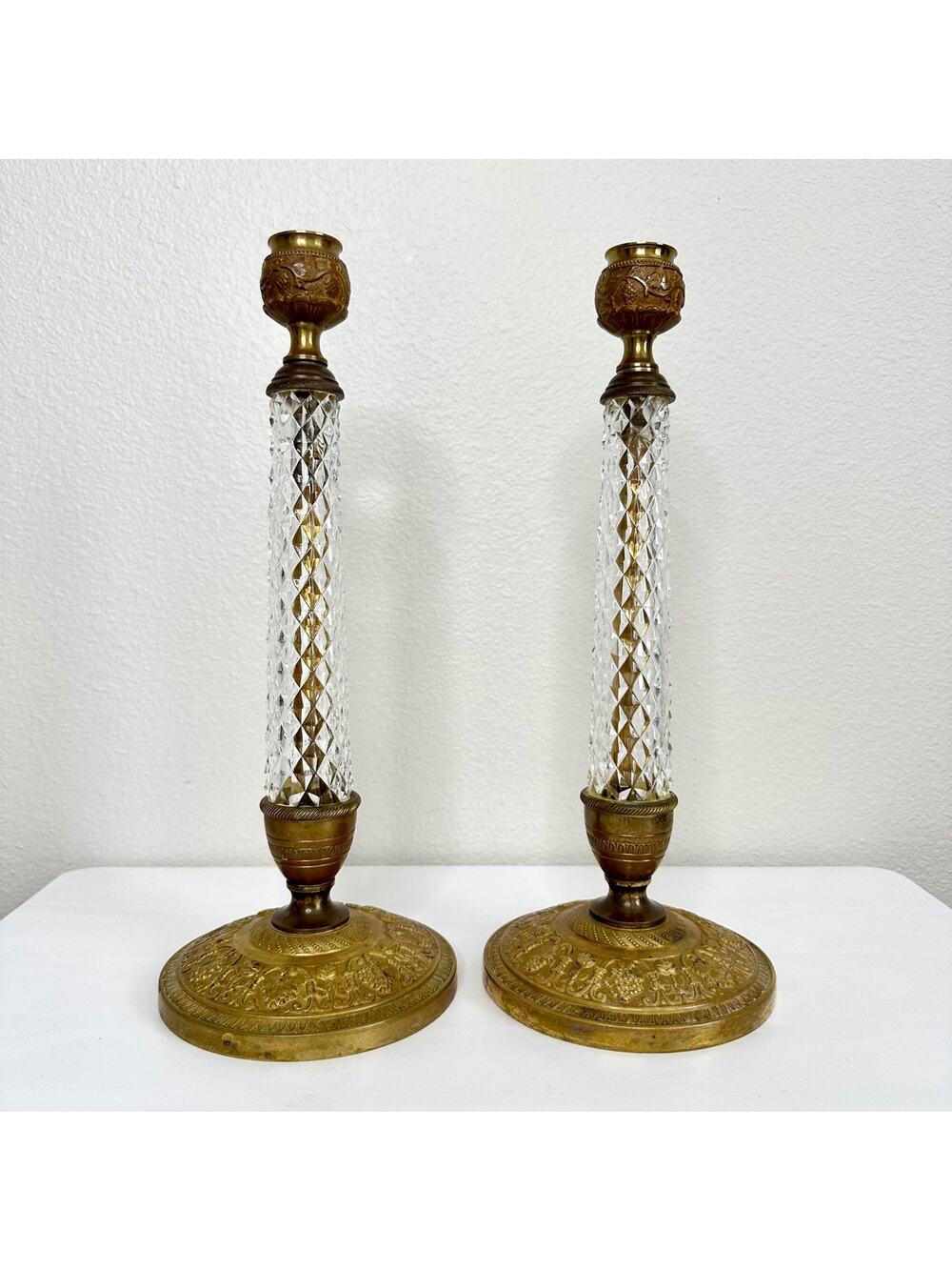 Pair Cristalleries de Sevres Crystal & Bronze Candlesticks Louis XVI Style